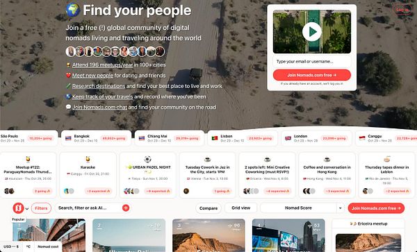 Webpage promoting a global digital nomad community with active meetups in various cities and event listings.