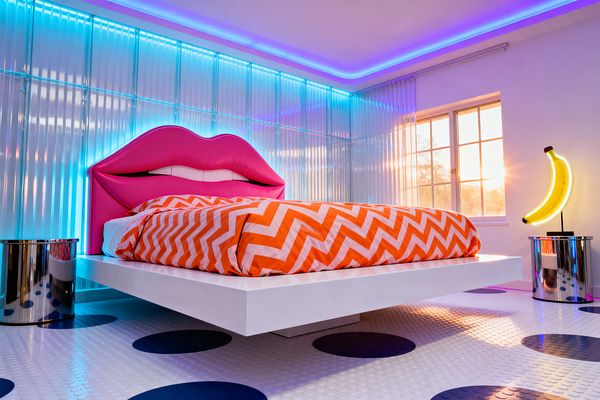 A bold Pop Art bedroom centers on a floating white platform bed with a hot pink lips-shaped upholstered headboard and orange-and-white chevron bedding. Blue and purple LED cove lights wash translucent ribbed wall panels, while a neon banana lamp sits on a mirrored cylindrical side table; the white rubber floor has oversized navy polka dots, and a sunlit window brightens the playful, graphic space.
