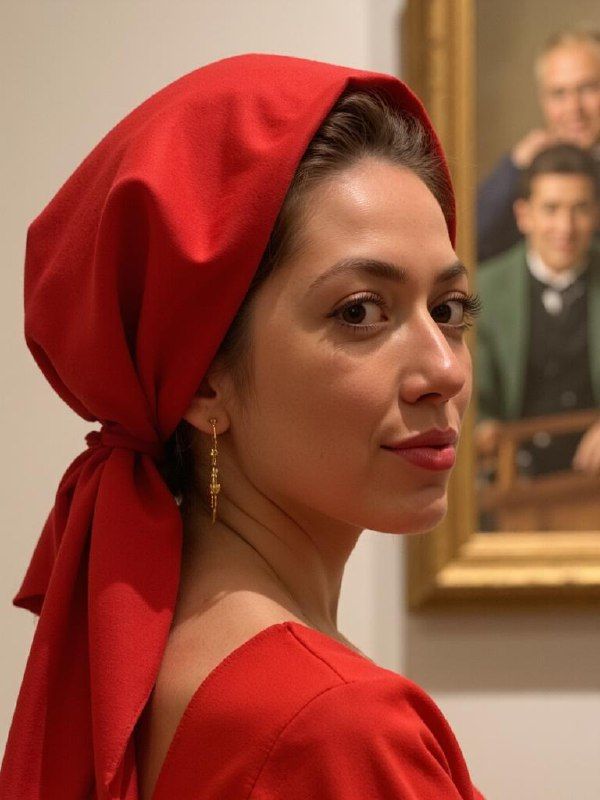 A woman wearing a red scarf and a matching dress poses elegantly in front of a painting.