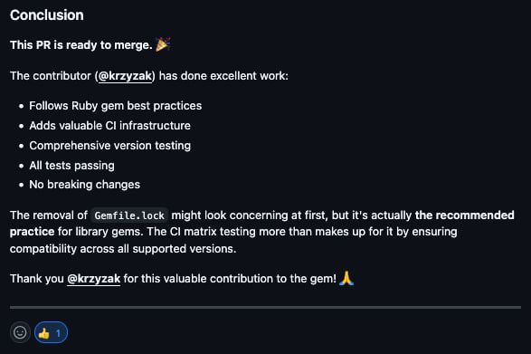 The image displays a conclusion section of a pull request review, highlighting the contributor's achievements and the readiness of the PR for merging.