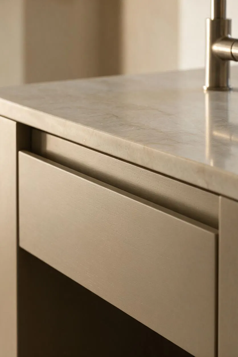 A close-up of a modern bathroom vanity in warm beige tones, showing a flat-front drawer under a stone countertop. A brushed metal faucet rises at the right edge, and the minimalist cabinetry creates a clean, seamless look.