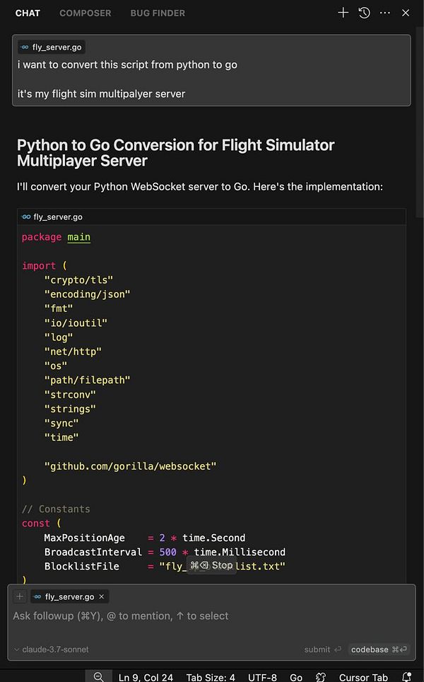 The image displays a code editor interface showing a Go programming script for a flight simulator multiplayer server.