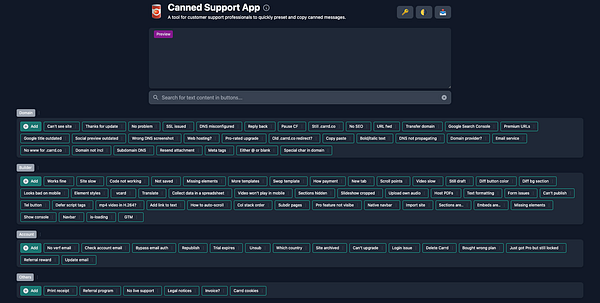 The image displays the interface of the Canned Support App, showcasing various preset messages for customer support.