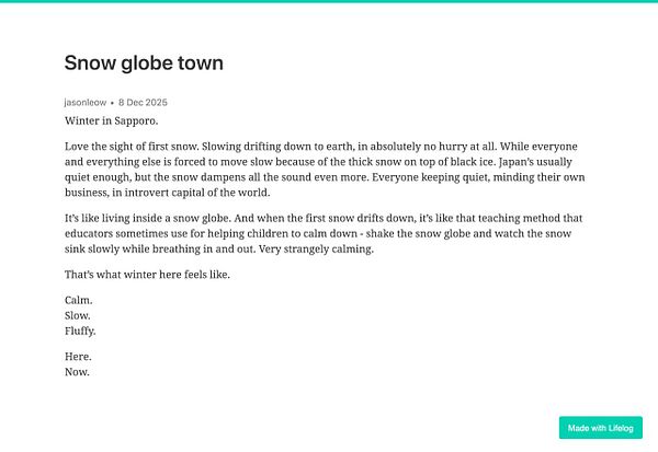 A reflective post about experiencing winter in Sapporo, Japan, with a focus on the calming effect of falling snow.