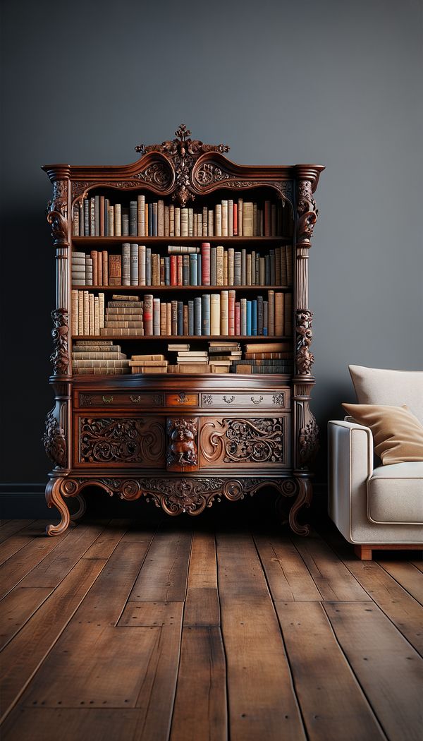 A Victorian-style wooden Canterbury with intricate carvings, filled with books and magazines, placed next to a modern sofa.