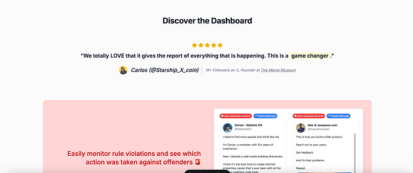 The image features a customer testimonial prominently displayed on a dashboard interface.