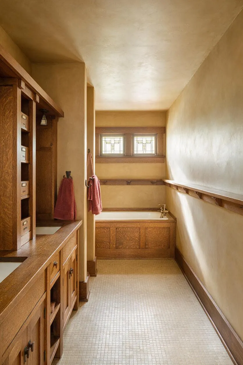A narrow Craftsman-style bathroom with warm beige plaster walls, natural wood trim, and a long built-in vanity on the left. At the end of the room, a wood-framed bathtub sits beneath two small stained-glass windows, while a mosaic tile floor and simple red towels add texture and color.