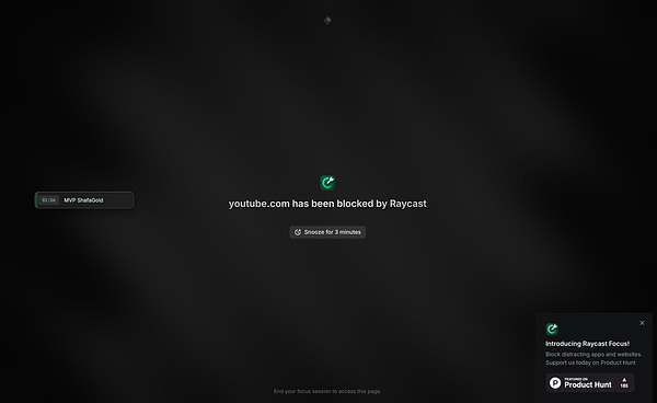 A focus session interface displaying a blocked YouTube page.