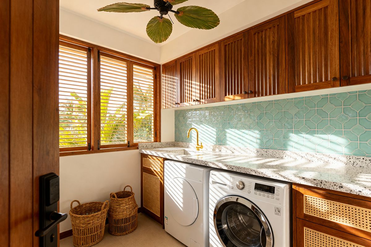Room AI – Tropical Laundry with Aqua Tile and Cane - Interior Design
