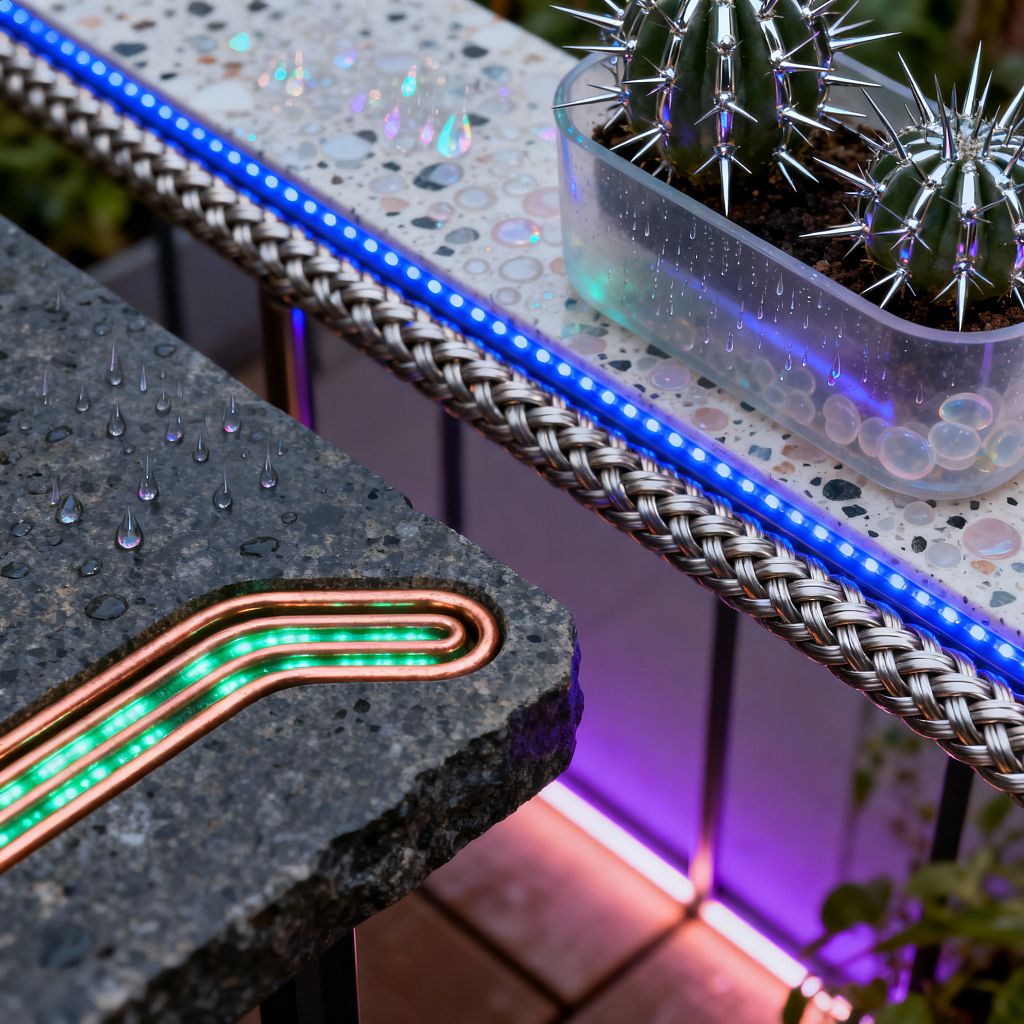 A close-up of a cyberpunk-inspired patio vignette shows a dark basalt slab with raindrops and a recessed copper channel glowing green, paired with a speckled terrazzo surface edged in braided stainless steel. A blue LED strip traces the rim while magenta uplighting washes the supports. A translucent planter holds cacti with chrome-like spikes and clear water beads. Black metal legs and wood decking complete the industrial, neon-lit outdoor scene.
