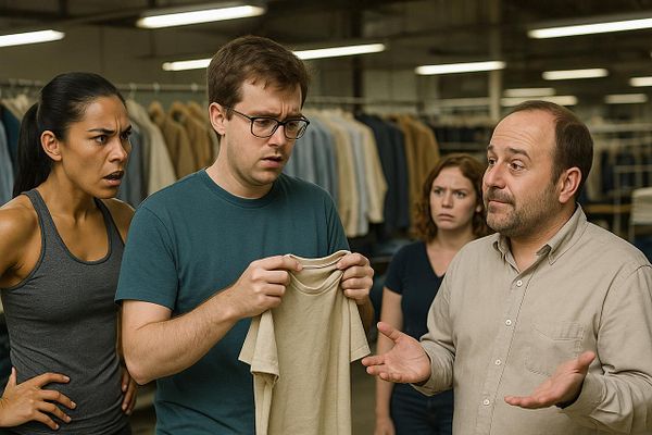 A tense discussion unfolds in a clothing factory setting involving a group of individuals questioning the quality of garments.