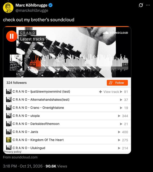 Twitter post by Marc Köhlbrugge sharing a SoundCloud profile of the artist CRANO with a list of tracks and playback statistics.