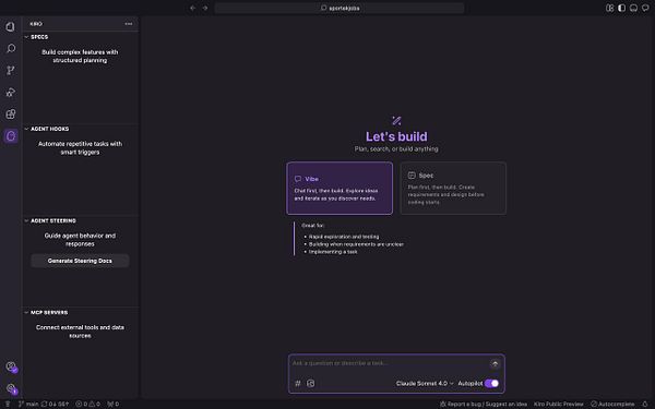 The image displays a user interface for the Kiro.dev platform, showcasing various features and options for project planning and task management.