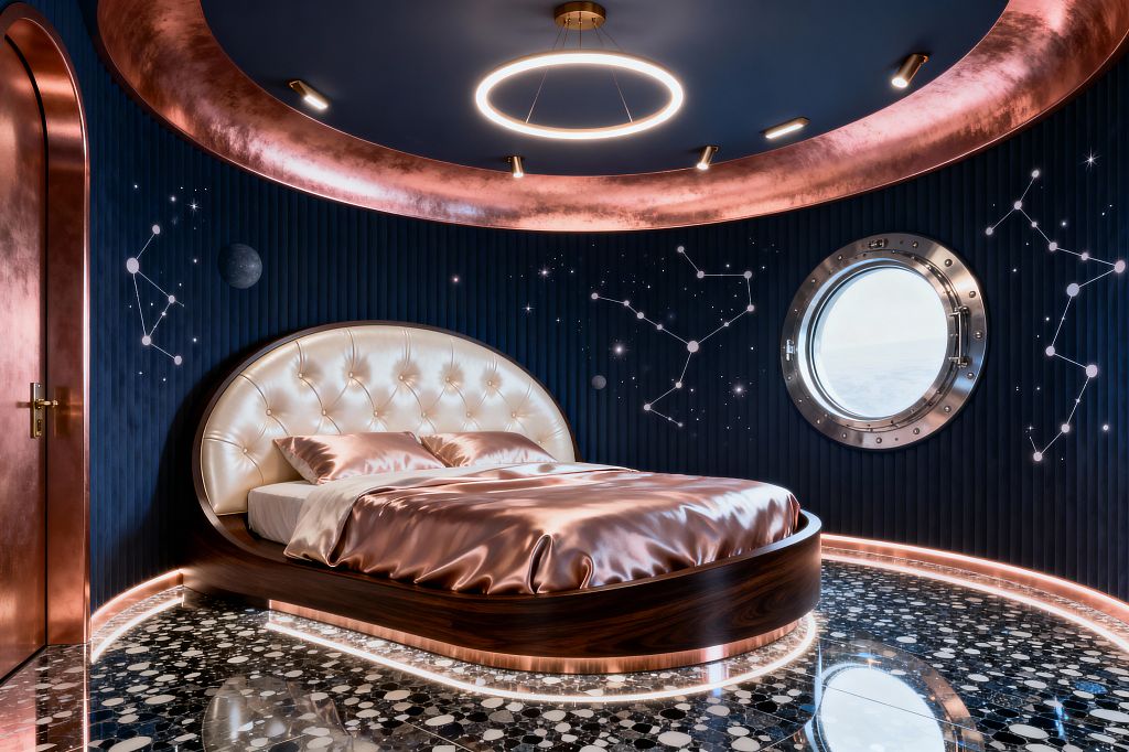 A futuristic bedroom features deep navy, fluted wall panels with constellation graphics and a round porthole window. An oval dark-wood platform bed with a tufted champagne leather headboard is dressed in rose-gold satin bedding. A glossy black terrazzo floor reflects under-bed LED strips, a circular ring pendant, and a wide copper ceiling band with spotlights, creating a warm, space-inspired glow across the room.