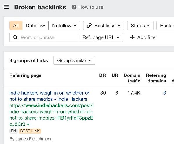 The image displays a screenshot of a broken backlinks report from a website analysis tool.