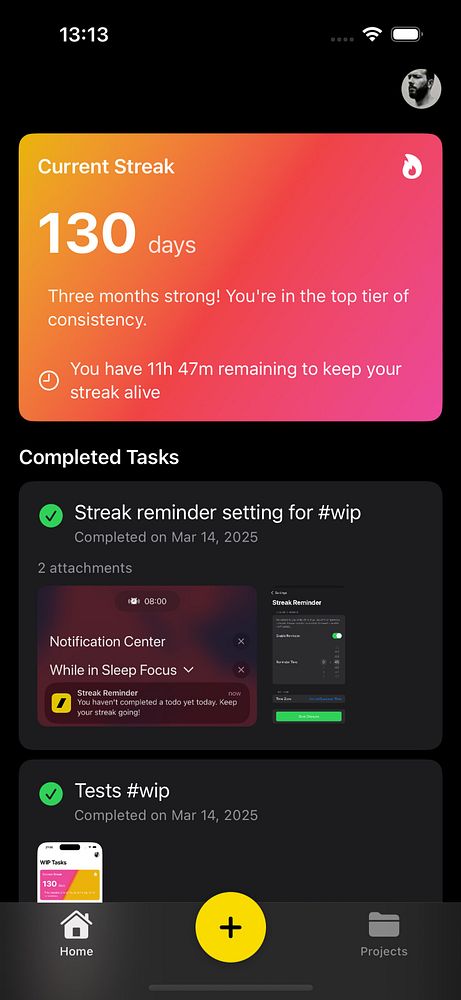 The image displays a mobile app interface showing a current streak of 130 days with task details below.
