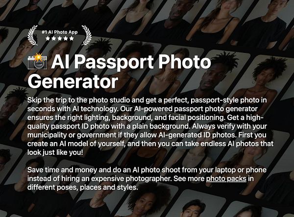 The image promotes an AI-powered passport photo generator app.