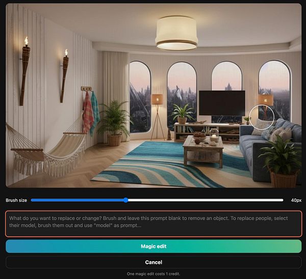 A modern interior living room scene with a user interface for a Magic Edit tool.