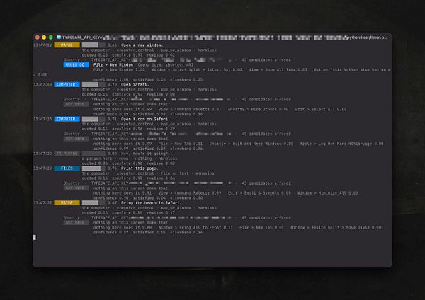 Screenshot showing a text editor with code for a local assistant project involving Whisper for transcription and command classification.