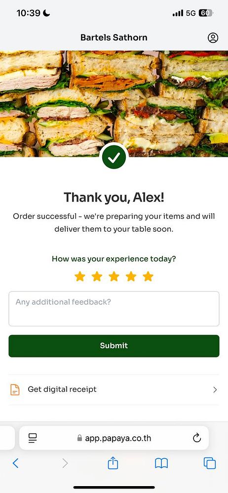 A successful food order confirmation screen from a restaurant app.