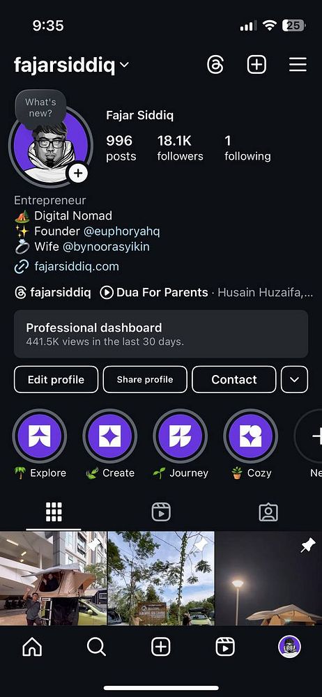 The image displays an Instagram profile for Fajar Siddiq, showcasing follower count and personal details.