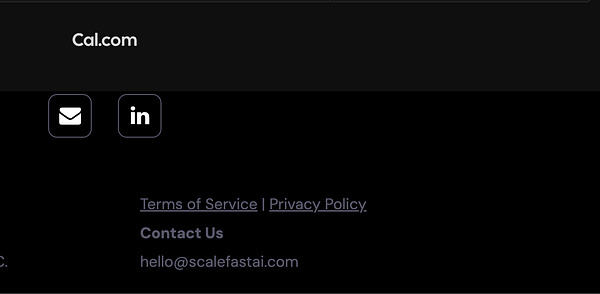 The image displays a footer section of a website with contact information and links to legal documents.