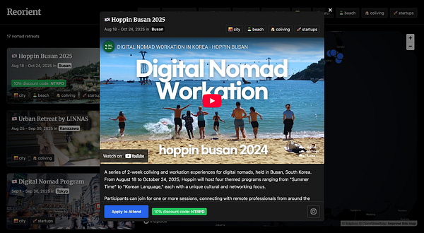 The image features a promotional interface for a digital nomad workation event in Busan, South Korea.