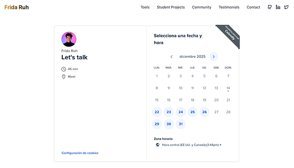 The image displays a scheduling interface for meetings on a personal website.