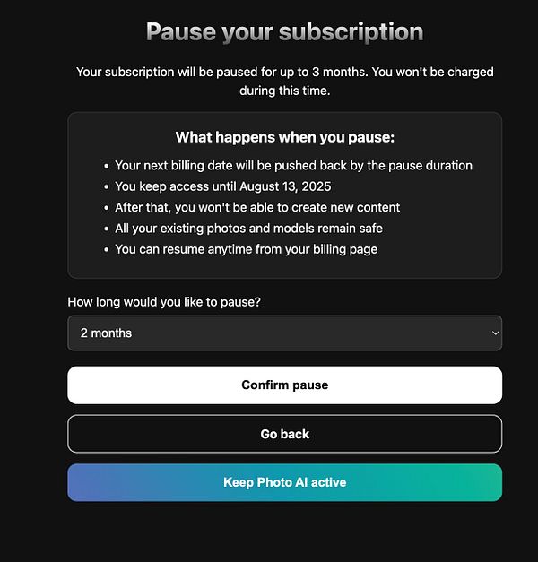 The image displays a subscription pause interface for a service called Photo AI.