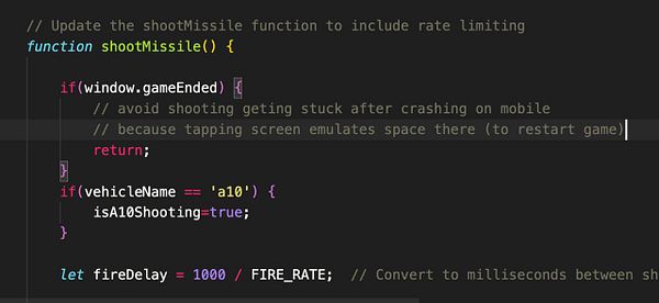 The image displays a code snippet for a function related to a game, specifically addressing issues with shooting mechanics on mobile devices.