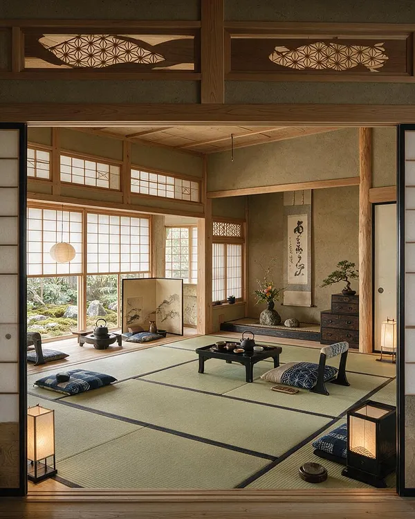 A Japanese Zen-style master bedroom with tatami mat flooring, low tea tables, floor cushions, and shoji screens framing a garden view. Warm wood beams, soft lantern lighting, and a tokonoma alcove with calligraphy and flowers create a calm, traditional atmosphere.