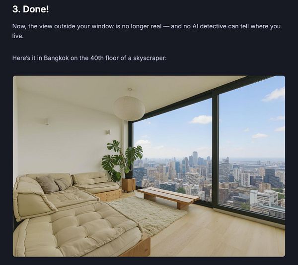 A modern living room with a panoramic view of a city skyline from a high-rise building.