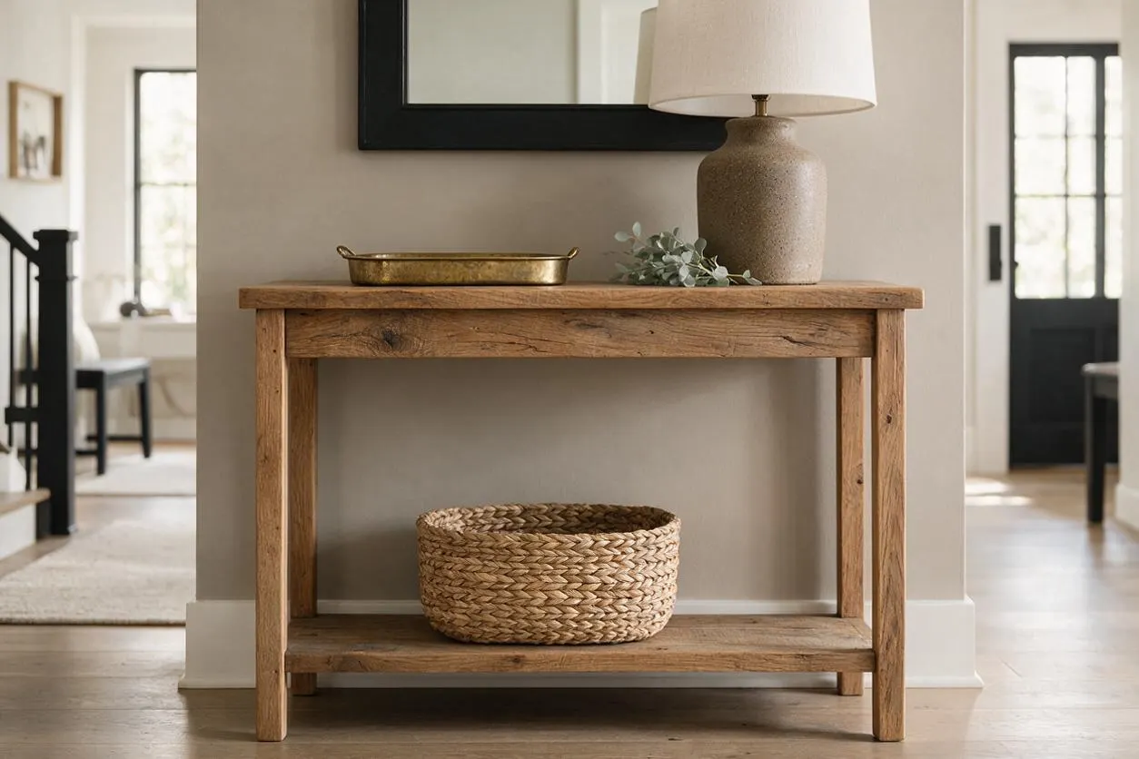 A farmhouse-style entryway vignette features a rustic wooden console table against a soft beige wall, styled with a ceramic table lamp, a shallow brass tray, and a small eucalyptus sprig. A woven basket sits on the lower shelf, while black trim, light wood flooring, and a dark front door frame the warm, neutral space.