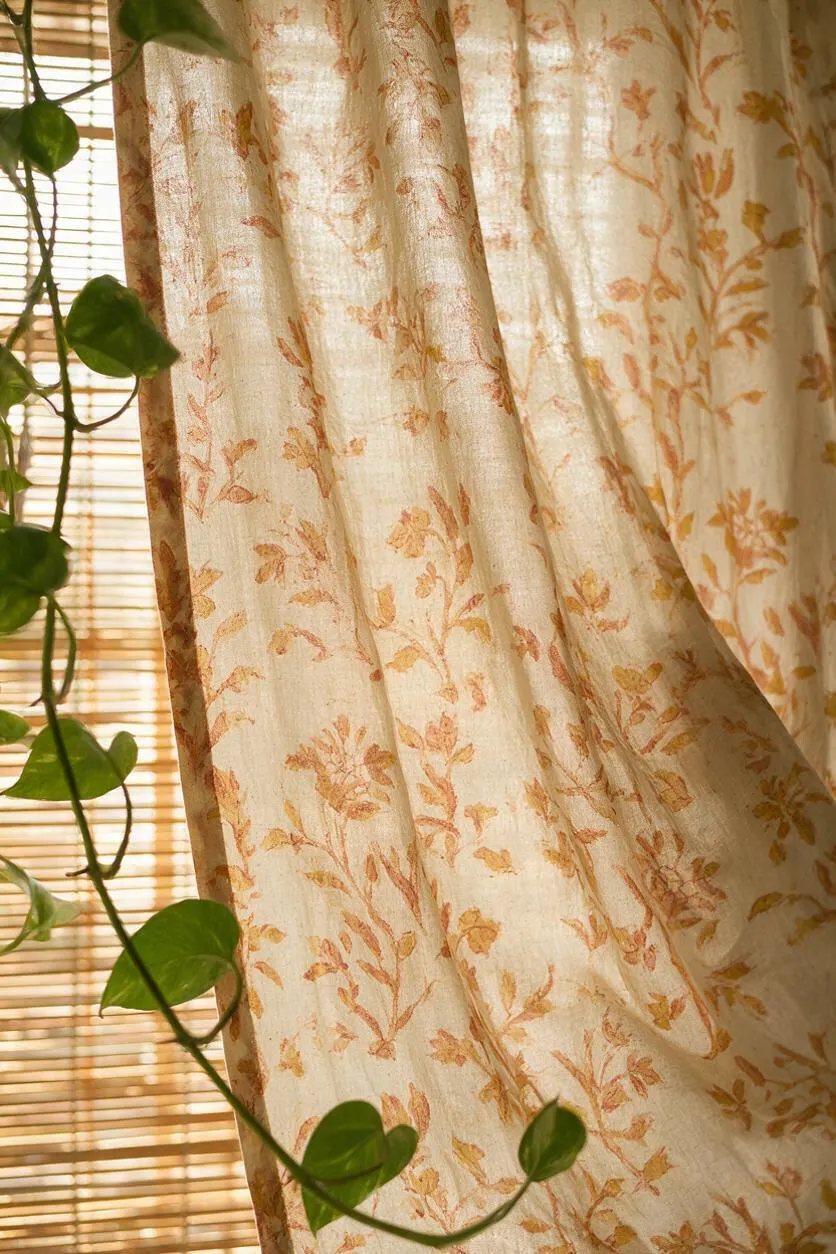 A close-up of sheer cream curtains with a soft orange floral vine print, glowing in warm sunlight. A trailing green houseplant hangs in the foreground, and woven bamboo blinds filter the light behind the fabric.