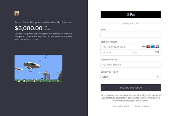 The image displays a subscription interface for advertising on a gaming platform.