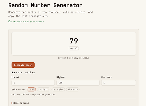 Screenshot of a random number generator web app displaying a generated number with UI parameters for customization.