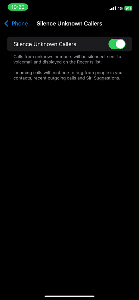 The image displays the 'Silence Unknown Callers' settings on a smartphone.