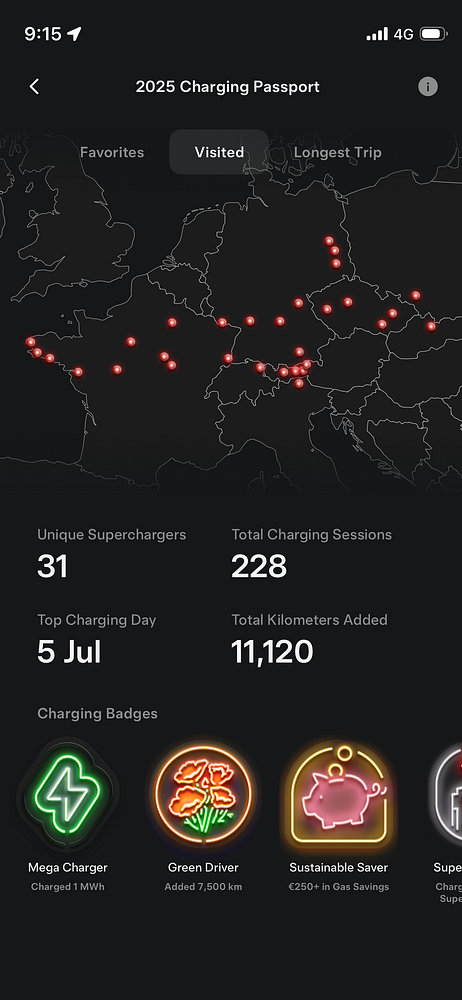 A detailed Tesla charging report for 2025 displaying charging statistics and a map of supercharger locations.