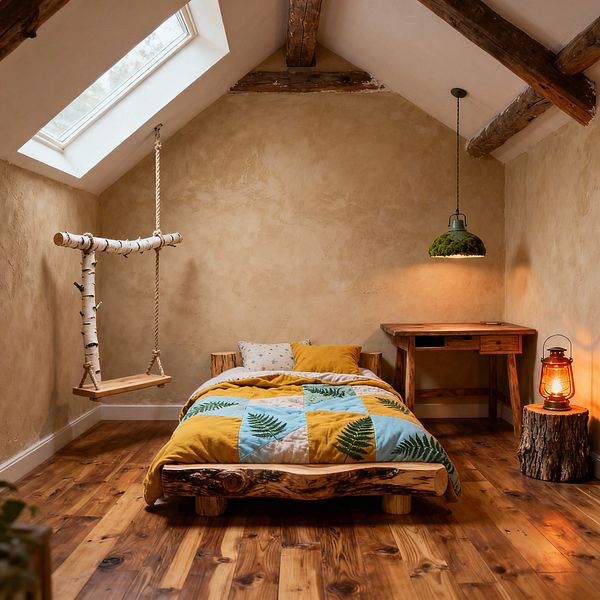 A rustic kids’ room with a sloped ceiling and skylight features exposed wooden beams and textured beige plaster walls. A low log bed sits on wide plank wood flooring, layered with a mustard duvet and a fern-patterned patchwork quilt; to the left hangs a rope swing made from a birch branch, and to the right a simple wooden desk is lit by a green moss-covered pendant, while a tree-stump side table holds a glowing lantern.