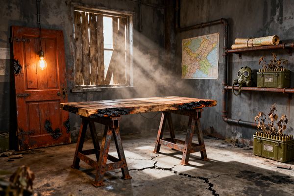 A post-apocalyptic themed home office features a charred wooden workbench on rusted steel sawhorses, set on a cracked concrete floor within smoke-stained walls. Sunlight streams through a boarded window while a bare Edison bulb glows by a distressed red door; pipe shelves hold olive ammo boxes, rolled maps, and a gas mask beside a wall map, with dust hanging in the air.