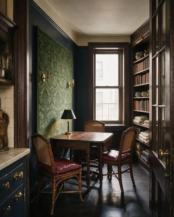 A narrow dining nook styled in Dark Academia with a small dark wood table, three woven cane chairs with burgundy leather seats, and a brass table lamp. Built-in bookshelves line one wall, while green patterned wallpaper, dark painted trim, and a tall window create a rich, scholarly atmosphere.