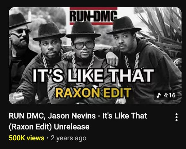 Screenshot of a YouTube video page displaying a remix of Run DMC's work titled 'Unrelsead Remix' with user interaction elements below the video.