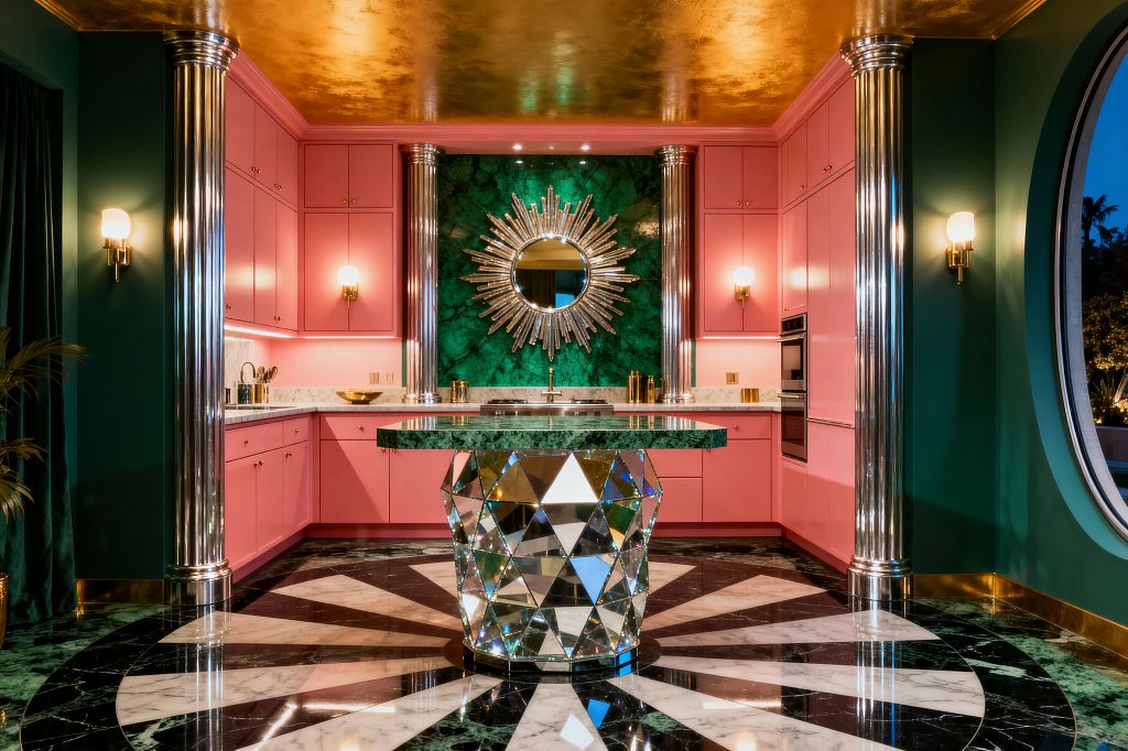 A symmetrical Hollywood Regency kitchen with blush pink lacquer cabinets and white marble counters centers on a sink wall clad in emerald green stone, flanked by polished chrome fluted columns and topped with a metallic sunburst mirror. A faceted mirrored pedestal island with a green marble top stands on a black-and-white marble sunburst floor, with deep green walls, brass sconces, a round window, and a reflective gold-leaf ceiling.