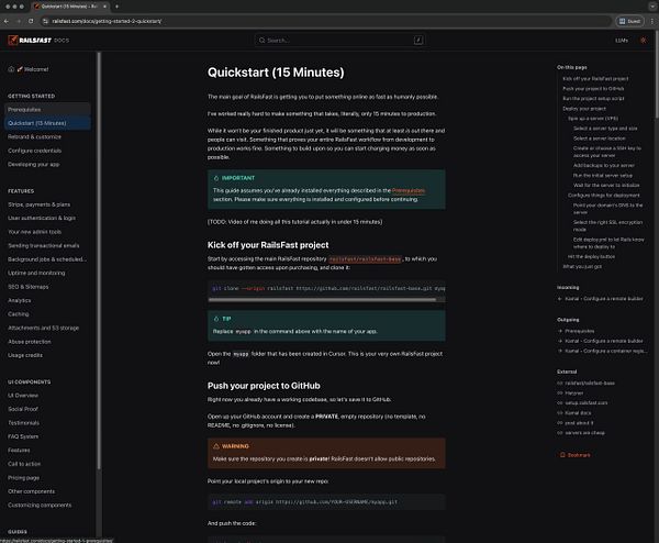 RailsFast website homepage showing a dashboard interface with various statistics and navigation menus.