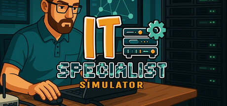 A pixel art style image depicting a man working on a computer in an IT environment.