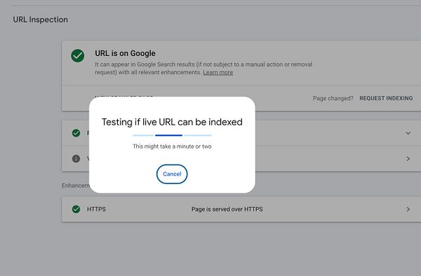 Screenshot of the Google Search Console performance report showing Google indexing request details.