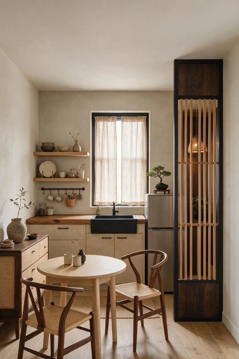 A serene Japandi kitchen with beige plaster walls, a black farmhouse sink, open wood shelves, and a small round dining table with woven chairs. A vertical slatted wood partition frames the right side, while soft linen curtains filter light through the window.