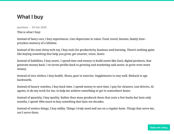 A detailed list of personal purchasing philosophies and priorities.