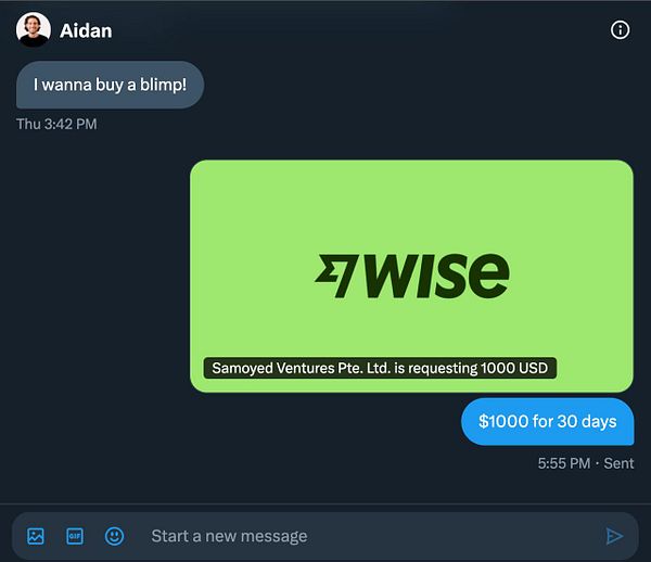A chat conversation about purchasing a blimp, featuring a payment request from Wise.