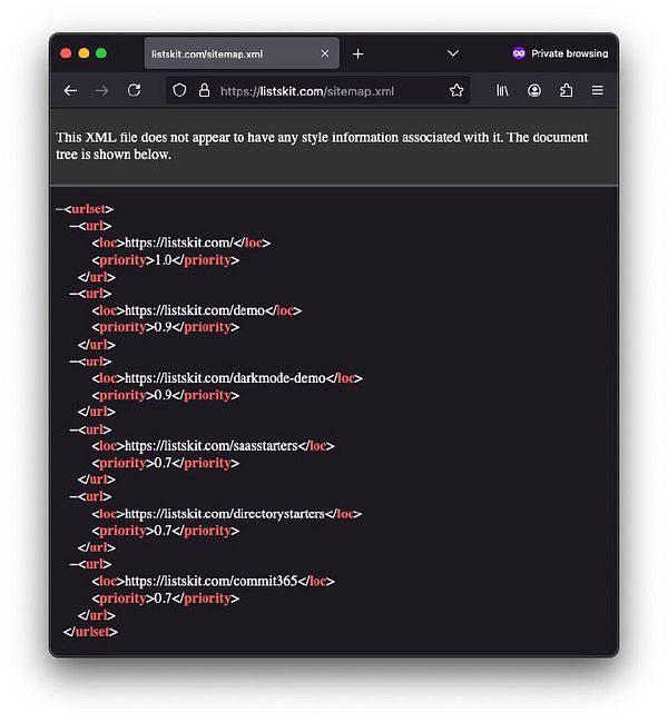 The image displays an XML sitemap for the Lists Kit website.